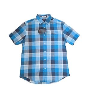 Good American NWT 100% Cotton Plaid Blue Short Sleeve Button-Up Shirt sz M